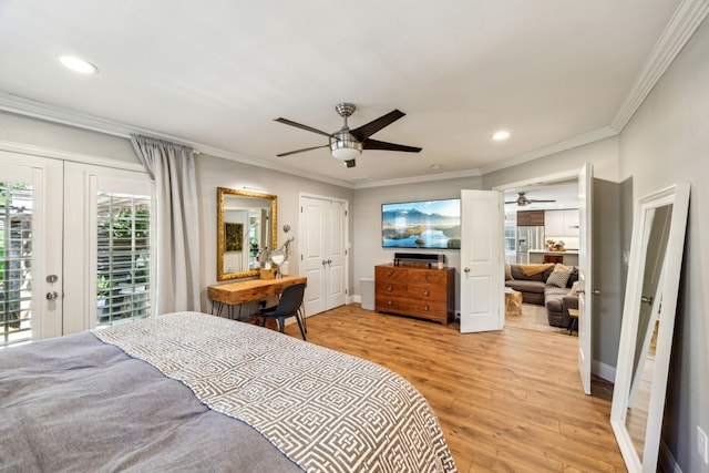 605 Cliffside Dr, Richardson, TX 75080 - bedroom with access to exterior, crown molding, light wood-style floors, recessed lighting, and stainless steel fridge