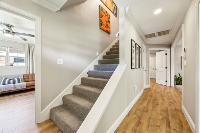 605 Cliffside Dr, Richardson, TX 75080 - stairs with ornamental molding, hardwood / wood-style floors, a ceiling fan, baseboards, and recessed lighting