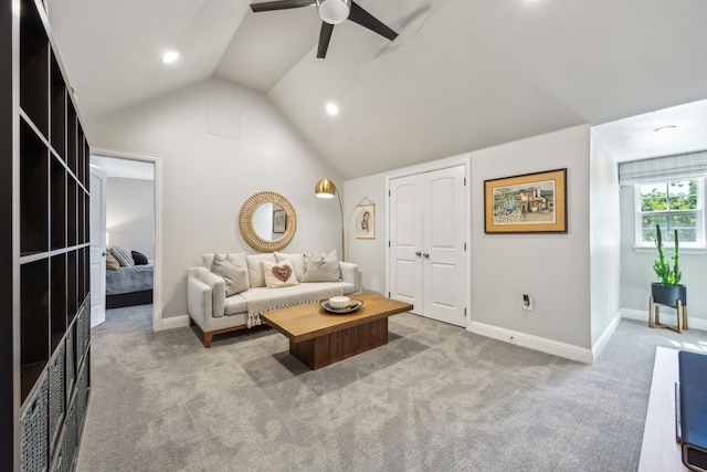605 Cliffside Dr, Richardson, TX 75080 - living room featuring a ceiling fan, light colored carpet, vaulted ceiling, baseboards, and recessed lighting