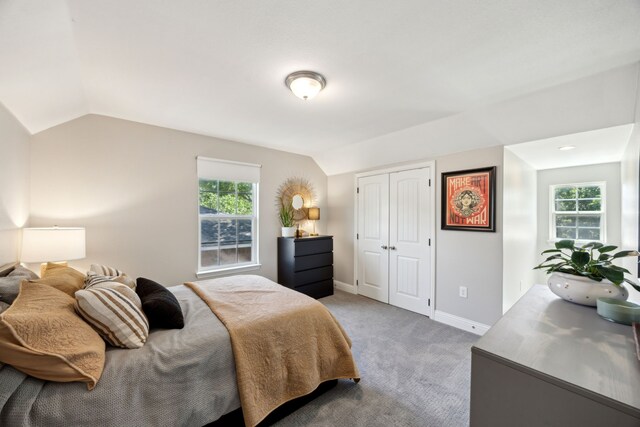 605 Cliffside Dr, Richardson, TX 75080 - bedroom with vaulted ceiling, carpet floors, multiple windows, baseboards, and a closet