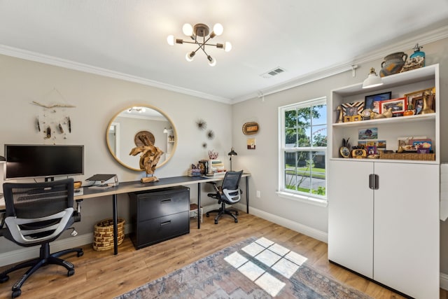 605 Cliffside Dr, Richardson, TX 75080 - office with crown molding, light wood-type flooring, a chandelier, and baseboards