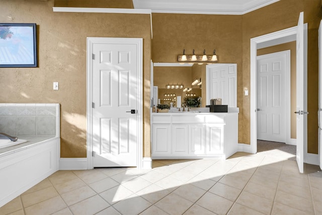 11667 Bent Creek Trl, Frisco, TX 75033 - full bath with tile patterned flooring, vanity, ornamental molding, and a bath
