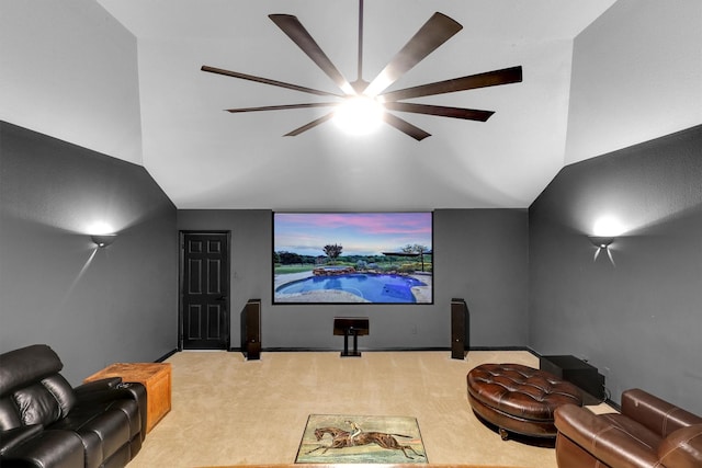 11667 Bent Creek Trl, Frisco, TX 75033 - carpeted home theater featuring a ceiling fan and lofted ceiling