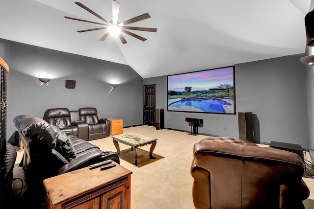 11667 Bent Creek Trl, Frisco, TX 75033 - home theater room with a ceiling fan, light colored carpet, and vaulted ceiling