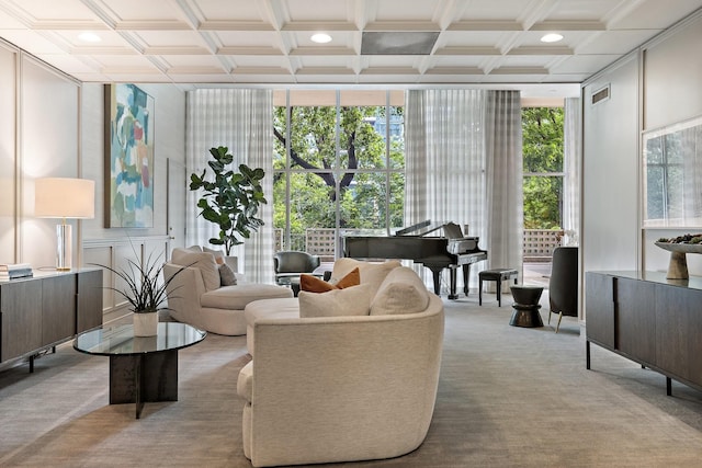 3310 Fairmount St Unit 16B, Dallas, TX 75201 - living area featuring healthy amount of natural light, expansive windows, recessed lighting, coffered ceiling, and carpet flooring