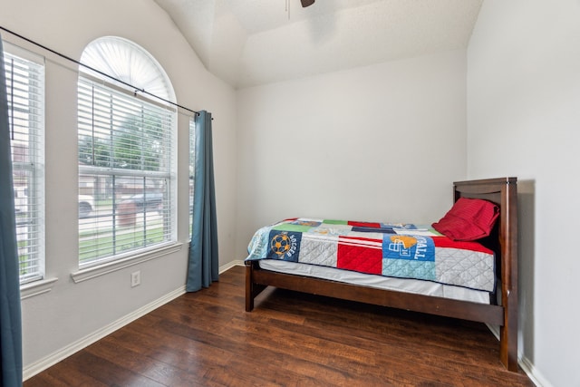 1629 Big Bend Dr, Lewisville, TX 75077 - bedroom featuring wood finished floors, lofted ceiling, baseboards, and ceiling fan
