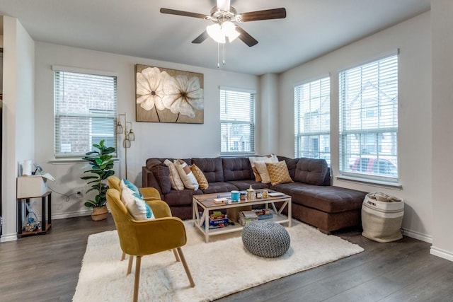 2057 Juniper Pass Way, Mesquite, TX 75149 - living room with dark wood-style flooring, baseboards, and a ceiling fan
