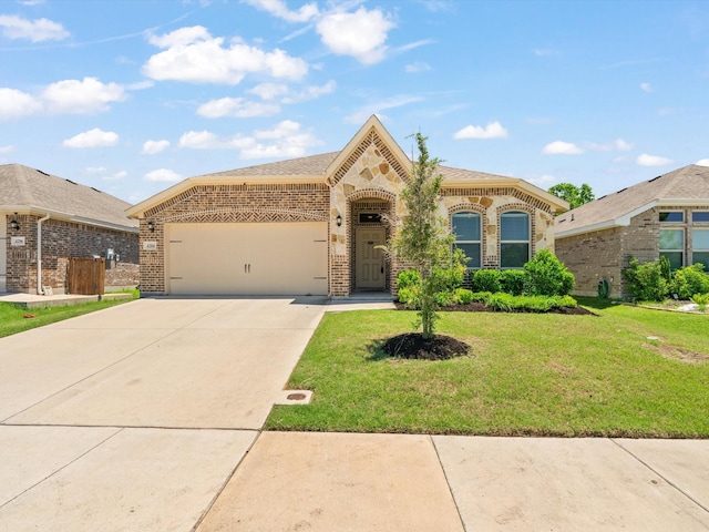 4204 Cordata Dr, Melissa, TX 75454 - view of front facade with brick siding, a garage, concrete driveway, a front yard, and a shingled roof