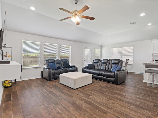 4204 Cordata Dr, Melissa, TX 75454 - living room with ceiling fan, dark wood-style floors, recessed lighting, lofted ceiling, and baseboards