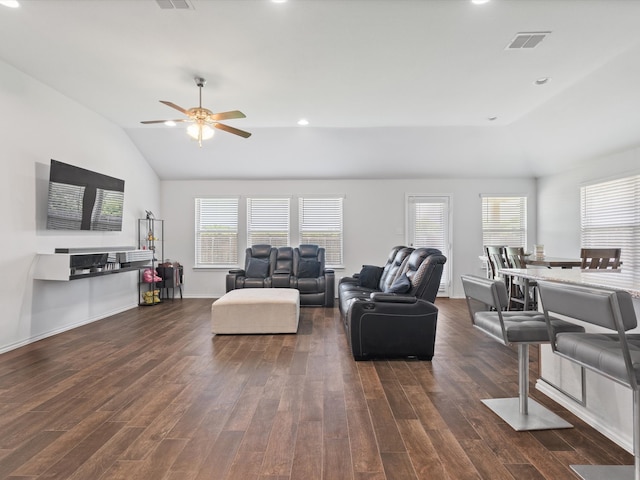4204 Cordata Dr, Melissa, TX 75454 - living room with a ceiling fan, dark wood finished floors, vaulted ceiling, recessed lighting, and baseboards