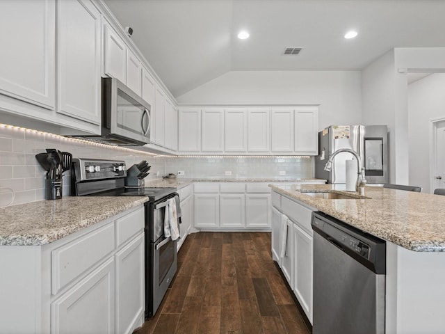 4204 Cordata Dr, Melissa, TX 75454 - kitchen with stainless steel appliances, a sink, vaulted ceiling, tasteful backsplash, and an island with sink