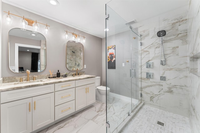 2909 N Britain Rd, Irving, TX 75062 - full bathroom with a marble finish shower, marble finish flooring, toilet, double vanity, and recessed lighting