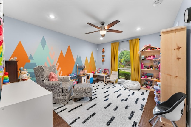2909 N Britain Rd, Irving, TX 75062 - game room with a ceiling fan, wood finished floors, and recessed lighting