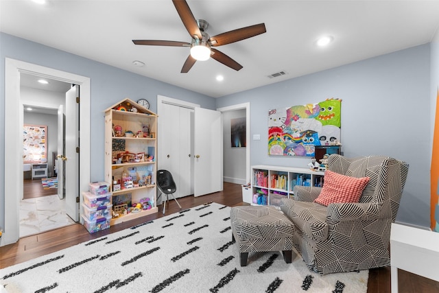 2909 N Britain Rd, Irving, TX 75062 - rec room featuring a ceiling fan, recessed lighting, and wood finished floors