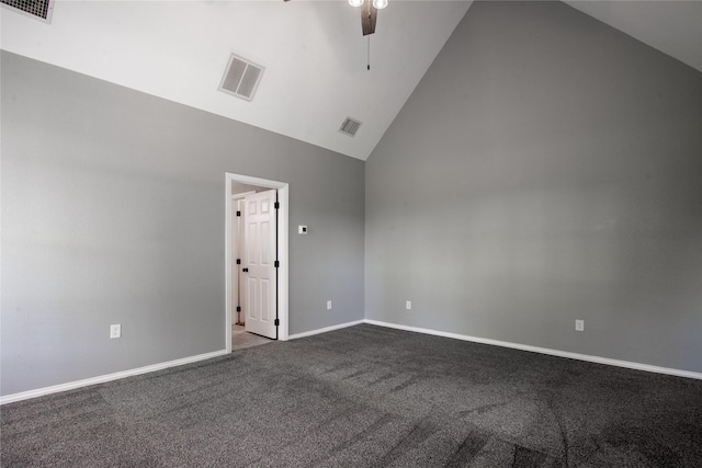 103 Saddle Club Rd, Weatherford, TX 76088 - empty room with a ceiling fan, dark carpet, high vaulted ceiling, and baseboards