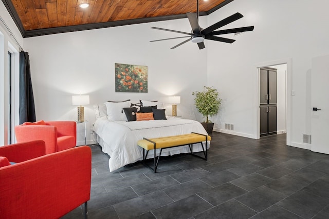 10823 Stone Canyon Rd, Dallas, TX 75230 - bedroom featuring wooden ceiling, recessed lighting, high vaulted ceiling, baseboards, and ceiling fan