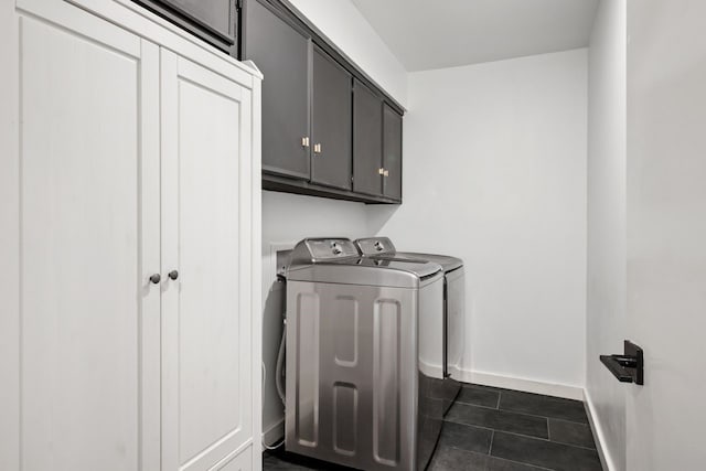 10823 Stone Canyon Rd, Dallas, TX 75230 - laundry area featuring washer and dryer, cabinet space, baseboards, and dark tile patterned flooring