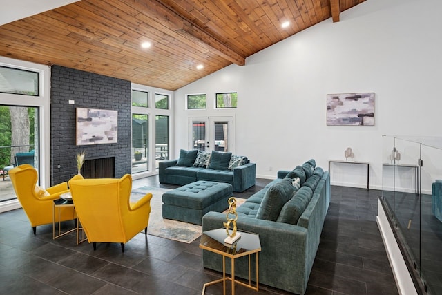 10823 Stone Canyon Rd, Dallas, TX 75230 - living area with wood ceiling, a fireplace, baseboards, and recessed lighting
