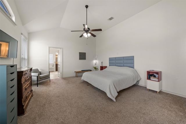 4756 Old Lorena Rd, Lorena, TX 76655 - bedroom with light carpet, high vaulted ceiling, baseboards, ceiling fan, and ensuite bathroom