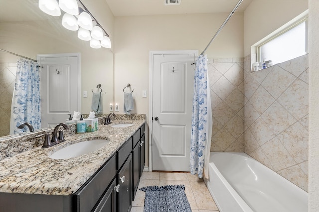 4756 Old Lorena Rd, Lorena, TX 76655 - full bathroom featuring shower / bath combination with curtain, tile patterned floors, and double vanity