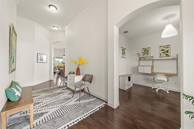 4756 Old Lorena Rd, Lorena, TX 76655 - hall featuring arched walkways, wood finished floors, crown molding, and baseboards