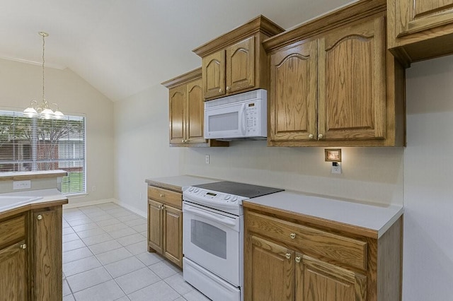 131 Crestridge Dr, Cedar Hill, TX 75104 - kitchen with white appliances, a chandelier, light countertops, lofted ceiling, and pendant lighting
