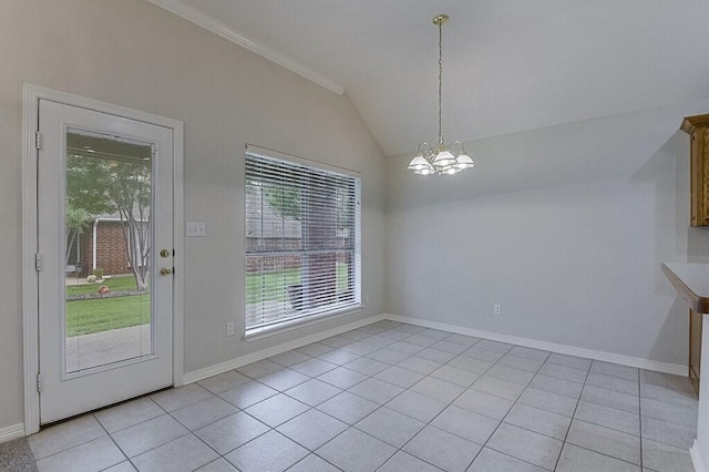 131 Crestridge Dr, Cedar Hill, TX 75104 - unfurnished dining area with vaulted ceiling, a chandelier, crown molding, light tile patterned floors, and baseboards