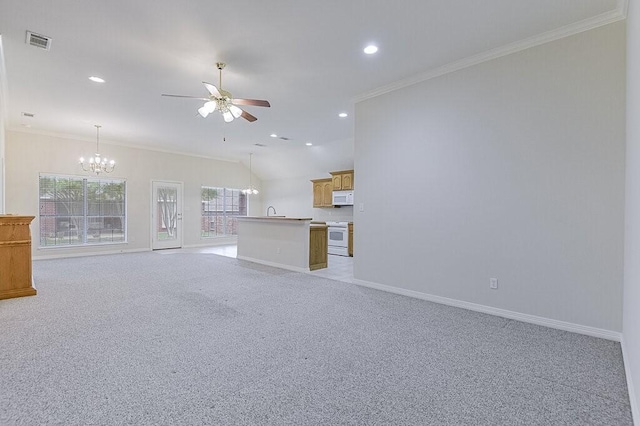 131 Crestridge Dr, Cedar Hill, TX 75104 - unfurnished living room with a chandelier, a ceiling fan, crown molding, light colored carpet, and baseboards