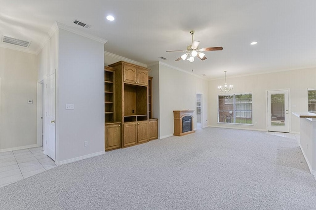 131 Crestridge Dr, Cedar Hill, TX 75104 - unfurnished living room with a ceiling fan, a chandelier, light colored carpet, baseboards, and crown molding