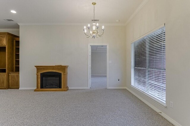 131 Crestridge Dr, Cedar Hill, TX 75104 - unfurnished living room featuring a chandelier, ornamental molding, carpet floors, a glass covered fireplace, and baseboards