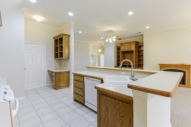 131 Crestridge Dr, Cedar Hill, TX 75104 - kitchen featuring white dishwasher, a sink, open shelves, crown molding, and a ceiling fan