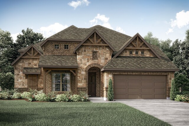 5226 Rowlan Row, Midlothian, TX 76065 - view of front facade featuring stone siding, concrete driveway, a front yard, an attached garage, and roof with shingles