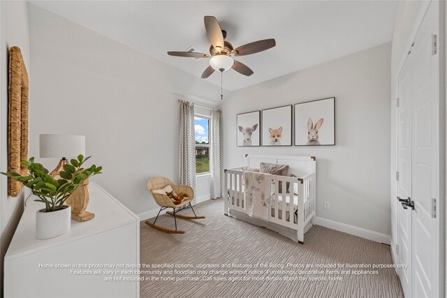 5226 Rowlan Row, Midlothian, TX 76065 - carpeted bedroom featuring baseboards, a nursery area, a closet, and ceiling fan