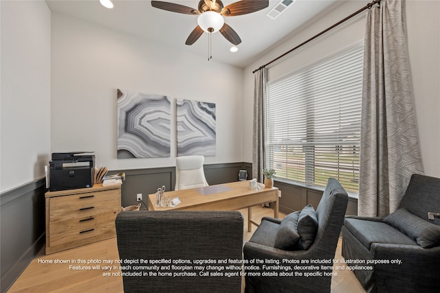 5226 Rowlan Row, Midlothian, TX 76065 - office featuring wood finished floors, ceiling fan, recessed lighting, and a wainscoted wall