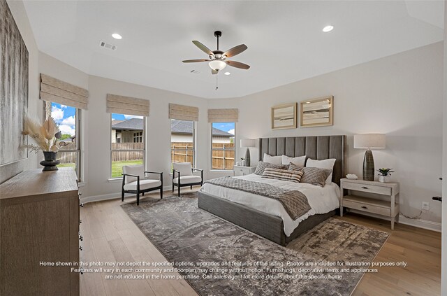 5226 Rowlan Row, Midlothian, TX 76065 - bedroom featuring light wood-style flooring, baseboards, recessed lighting, and a ceiling fan