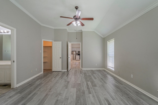 6937 Andress Dr, Fort Worth, TX 76132 - unfurnished bedroom with light wood-style floors, baseboards, vaulted ceiling, and ornamental molding