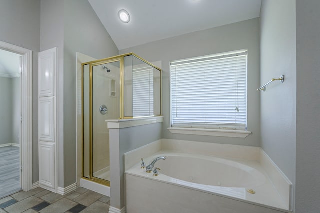 6937 Andress Dr, Fort Worth, TX 76132 - bathroom featuring a shower stall, a whirlpool tub, and lofted ceiling