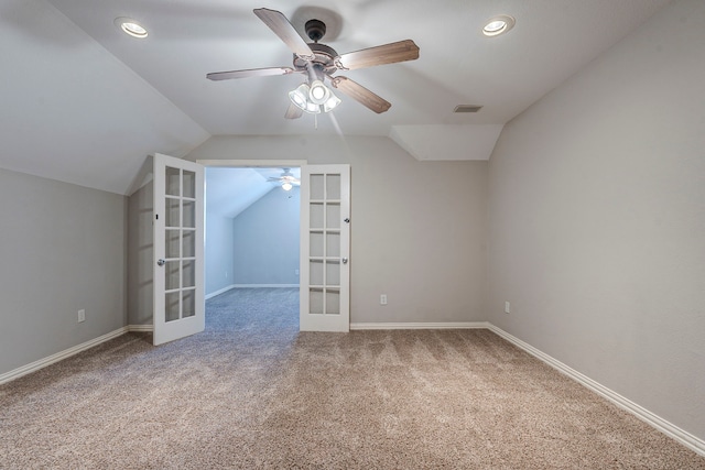 6937 Andress Dr, Fort Worth, TX 76132 - additional living space with french doors, lofted ceiling, a ceiling fan, carpet, and baseboards