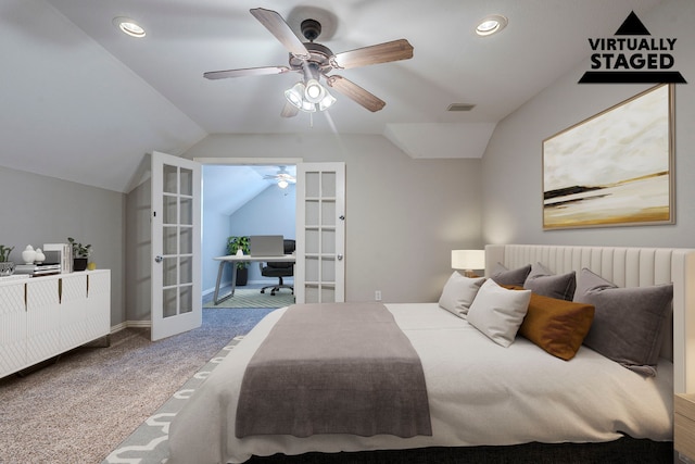 6937 Andress Dr, Fort Worth, TX 76132 - bedroom featuring french doors, carpet flooring, lofted ceiling, an office area, and ceiling fan