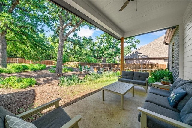 184 Lakeview Cir, Pilot Point, TX 76258 - fenced backyard featuring an outdoor living space, a ceiling fan, and a patio