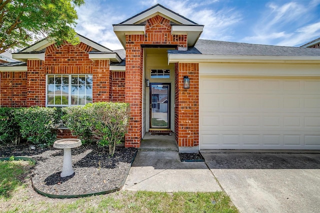 9805 Rockledge Rd, Fort Worth, TX 76108 - doorway to property with brick siding, driveway, a garage, and a shingled roof