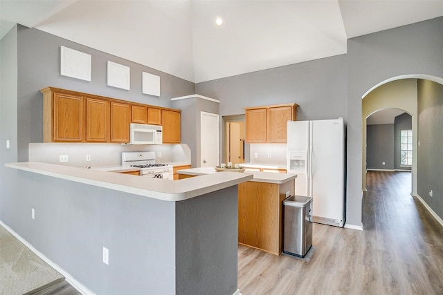 9805 Rockledge Rd, Fort Worth, TX 76108 - kitchen with white appliances, high vaulted ceiling, arched walkways, light wood-type flooring, and light countertops