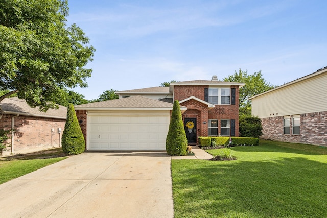 2300 Avalon Creek Way, Mckinney, TX 75071 - traditional-style home featuring brick siding, an attached garage, concrete driveway, a front yard, and a shingled roof