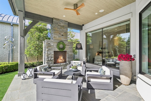 315 Oxford Pl, Coppell, TX 75019 - view of patio / terrace featuring an outdoor living space with a fireplace and ceiling fan