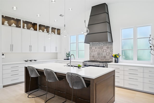 315 Oxford Pl, Coppell, TX 75019 - kitchen with premium range hood, a sink, an island with sink, light countertops, and tasteful backsplash