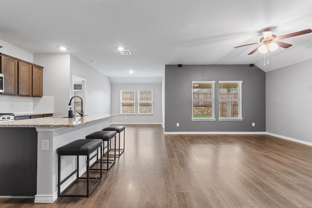 506 Cool Canyon Trl, Princeton, TX 75407 - kitchen with a sink, open floor plan, ceiling fan, dark wood-style floors, and light stone counters