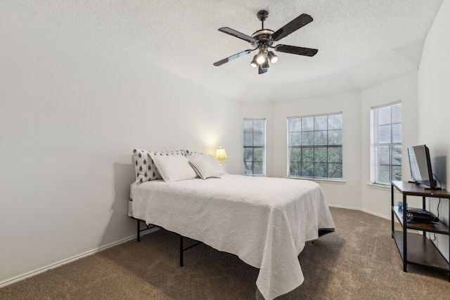 102 Pinion Dr, Euless, TX 76039 - bedroom with carpet floors, baseboards, a textured ceiling, and a ceiling fan