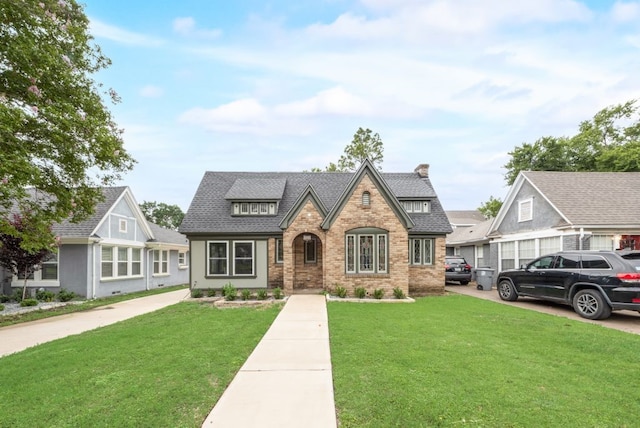 5836 Marquita Ave, Dallas, TX 75206 - tudor-style house featuring brick siding, a front lawn, a shingled roof, and a chimney