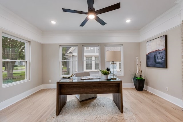 5836 Marquita Ave, Dallas, TX 75206 - office with light wood finished floors, baseboards, ceiling fan, ornamental molding, and recessed lighting
