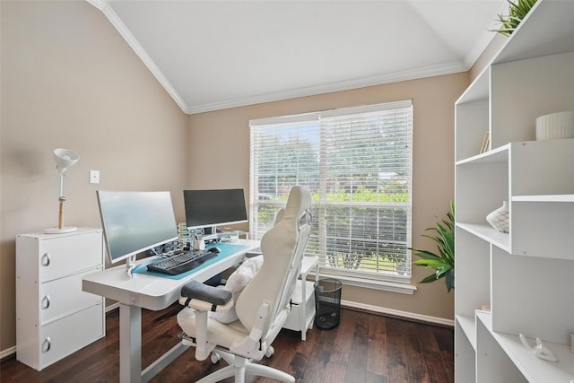 12315 Red Hawk Dr, Frisco, TX 75033 - home office with vaulted ceiling, ornamental molding, healthy amount of natural light, and wood finished floors
